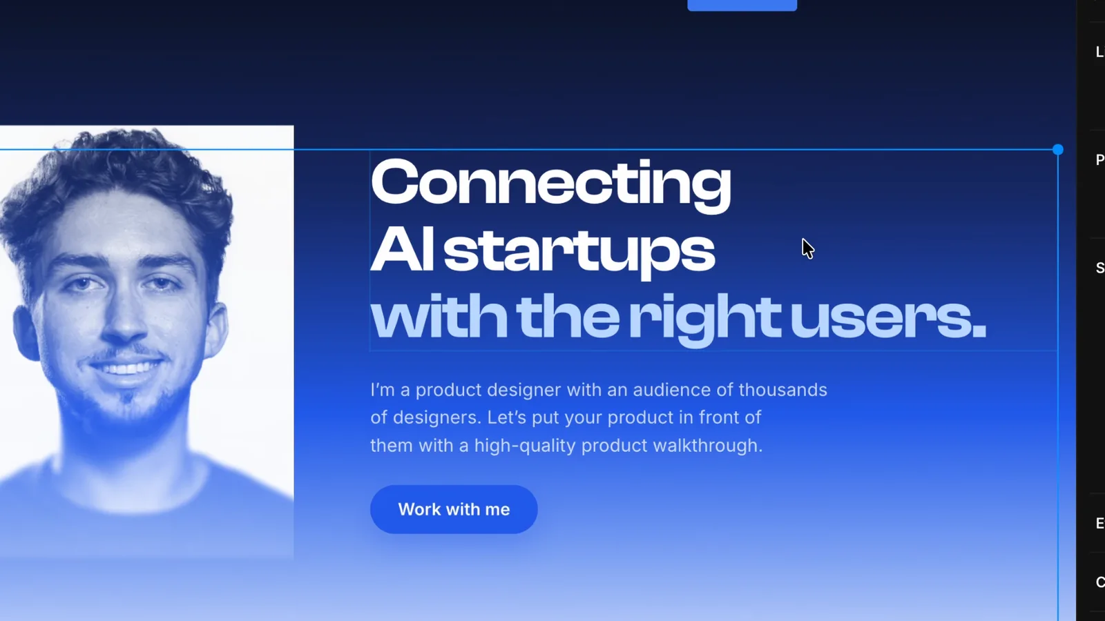 Finished homepage hero built with Framer AI Agents, blue duotone portrait and bold headline on a blue gradient