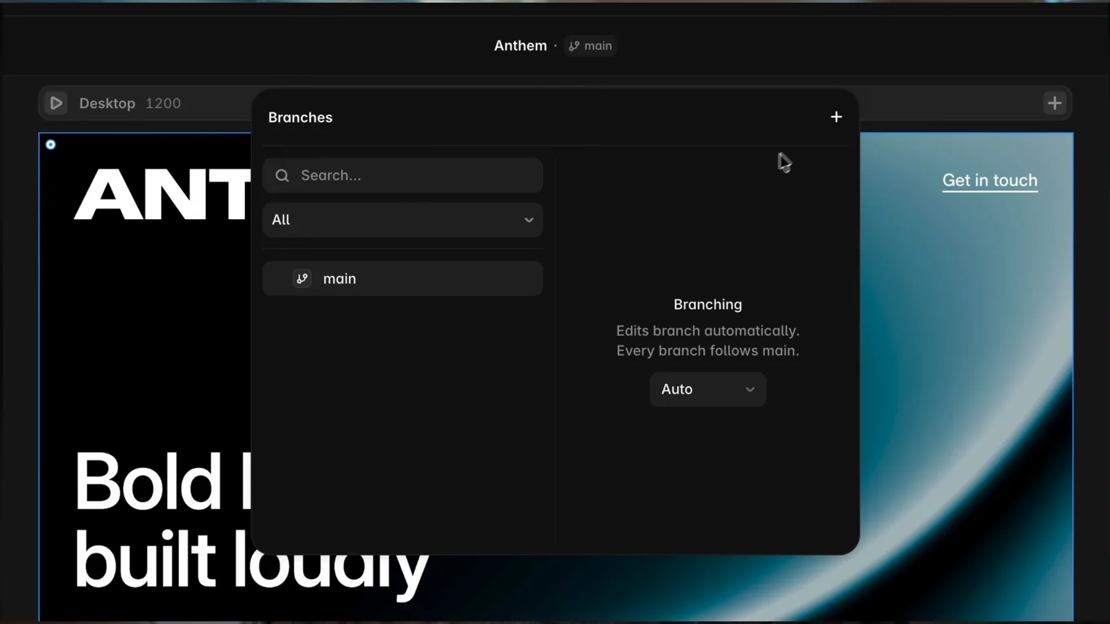 Framer Branching panel open in the editor showing the main branch and the option that edits branch automatically