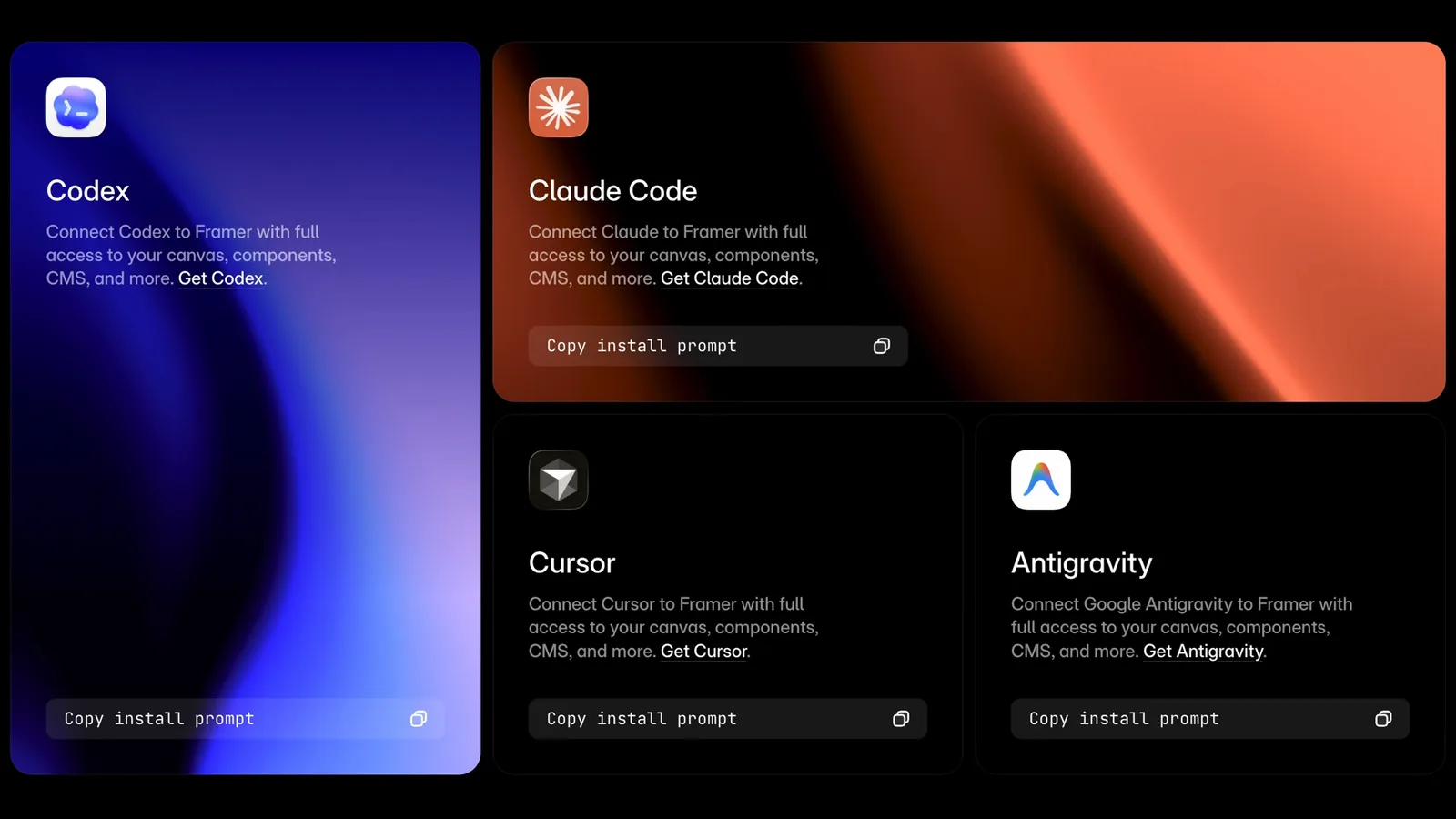 Framer External Agents setup cards for Codex, Claude Code, Cursor and Antigravity, each with a copy install prompt button