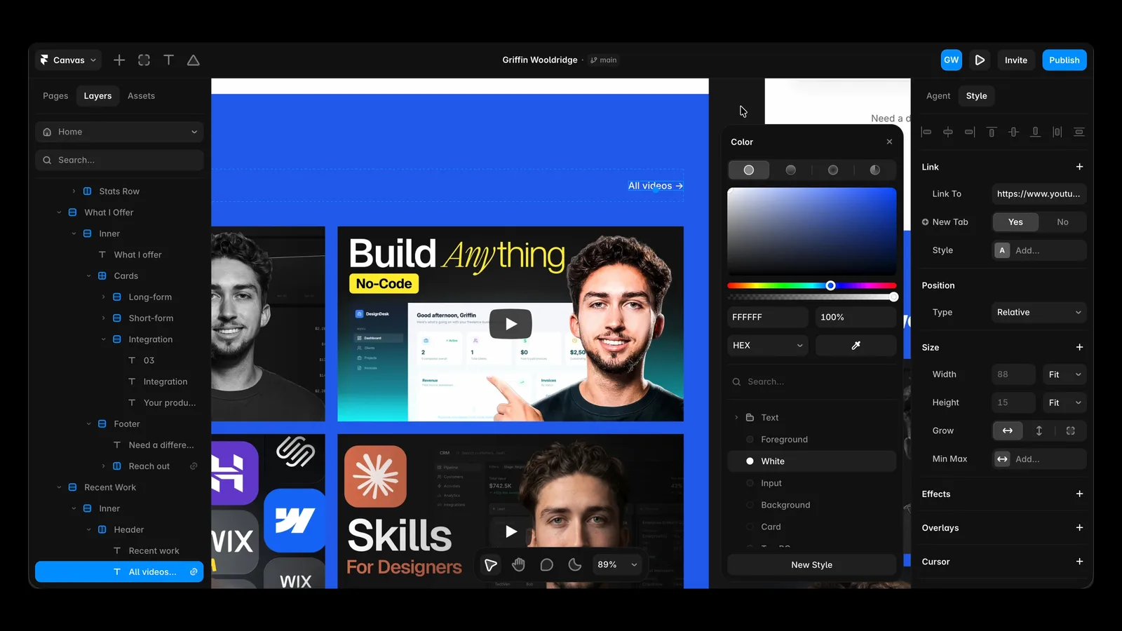 Framer color picker open on the Recent work section, switching its background to the primary blue by hand
