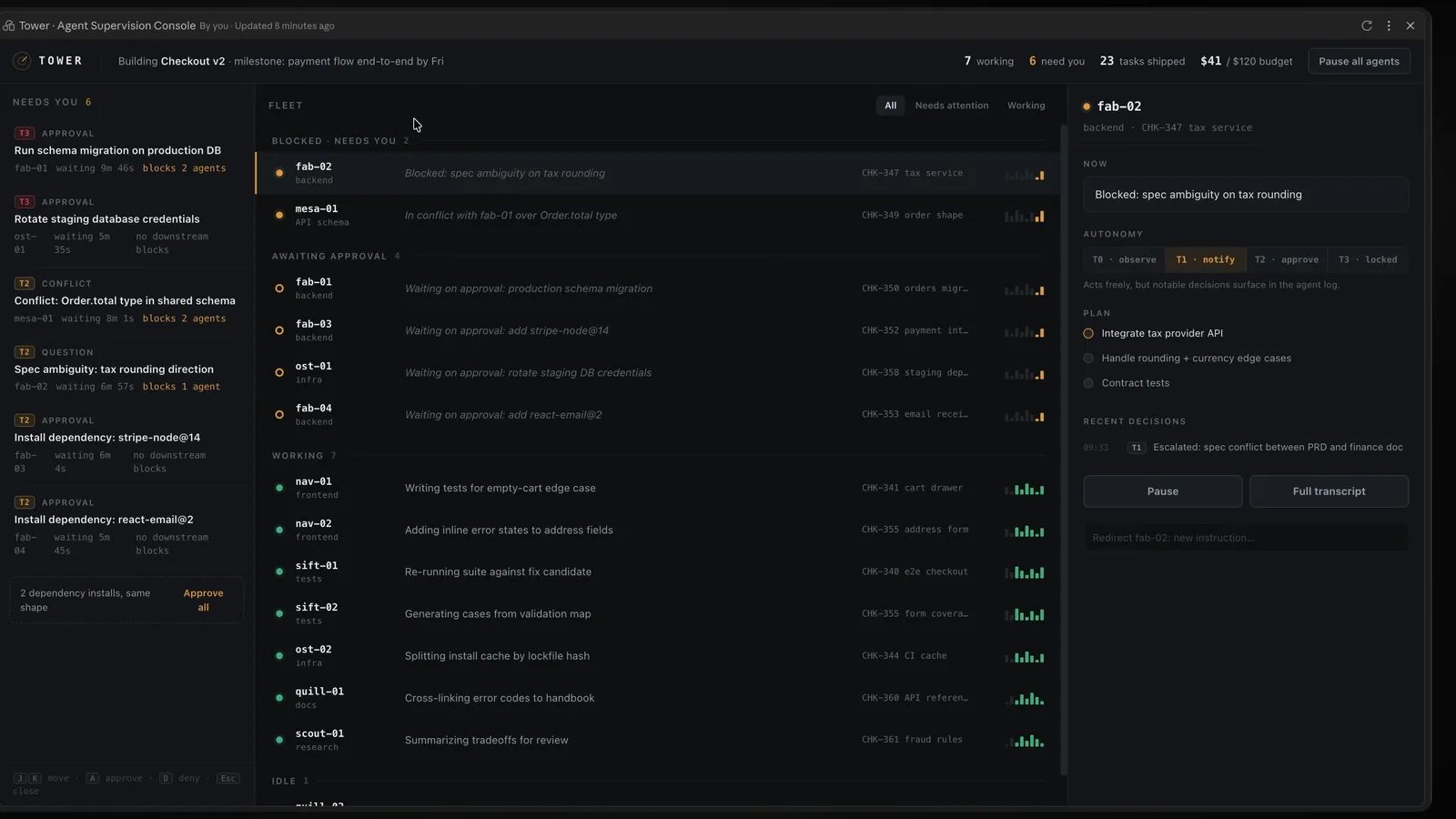 Fable 5 Tower agent supervision dashboard with a real logo, an approvals sidebar, a fleet table and a details panel