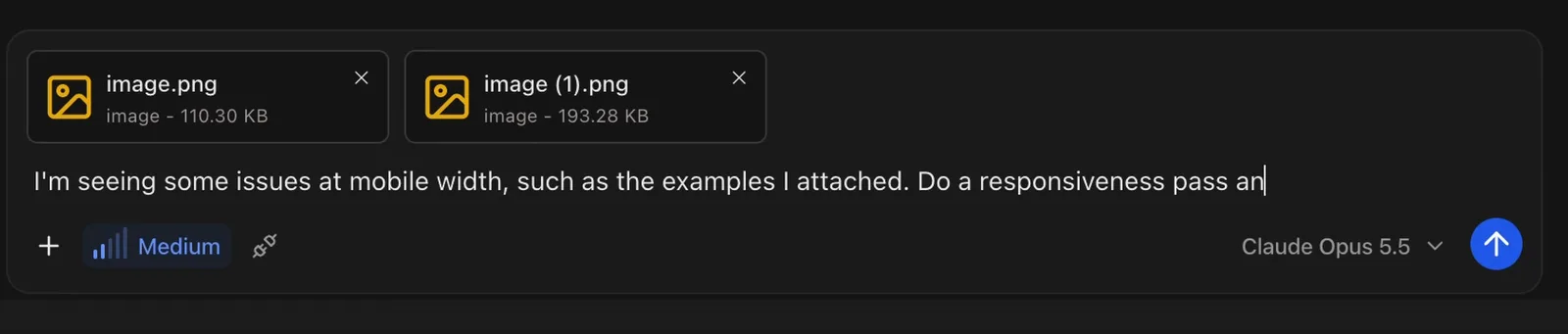 Julius message box with two attached mobile screenshots and the start of the responsiveness pass prompt