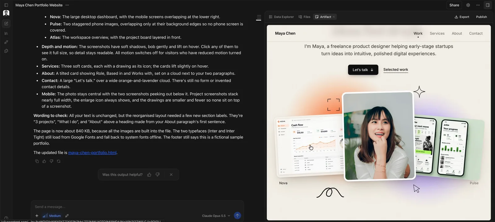 Julius portfolio redesign with a centered hero, compact black button, grainy color clouds and floating project images