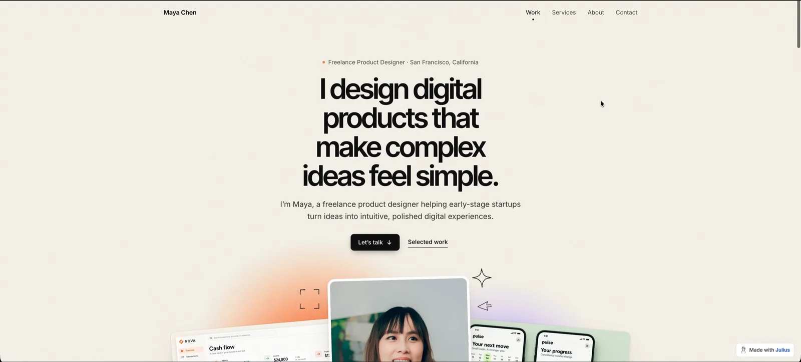 Finished Julius portfolio website hero with a centered black headline, orange and lavender color clouds and project images