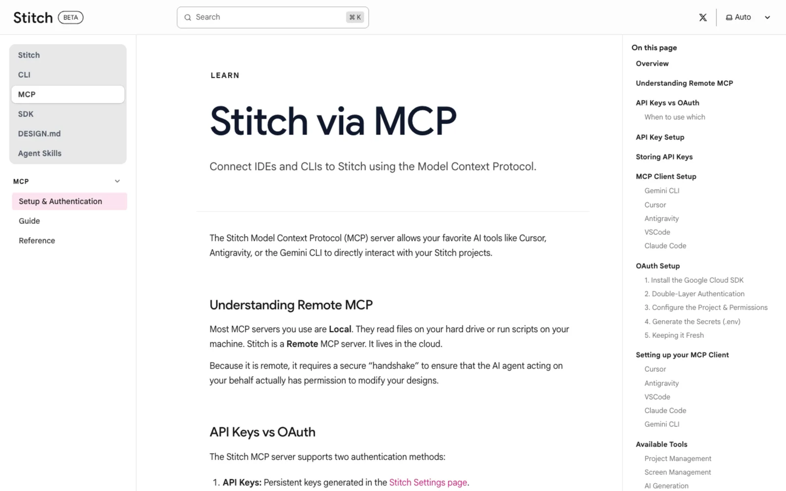 Google Stitch MCP server docs explaining how Cursor, Antigravity, Claude Code and Gemini CLI connect to Stitch