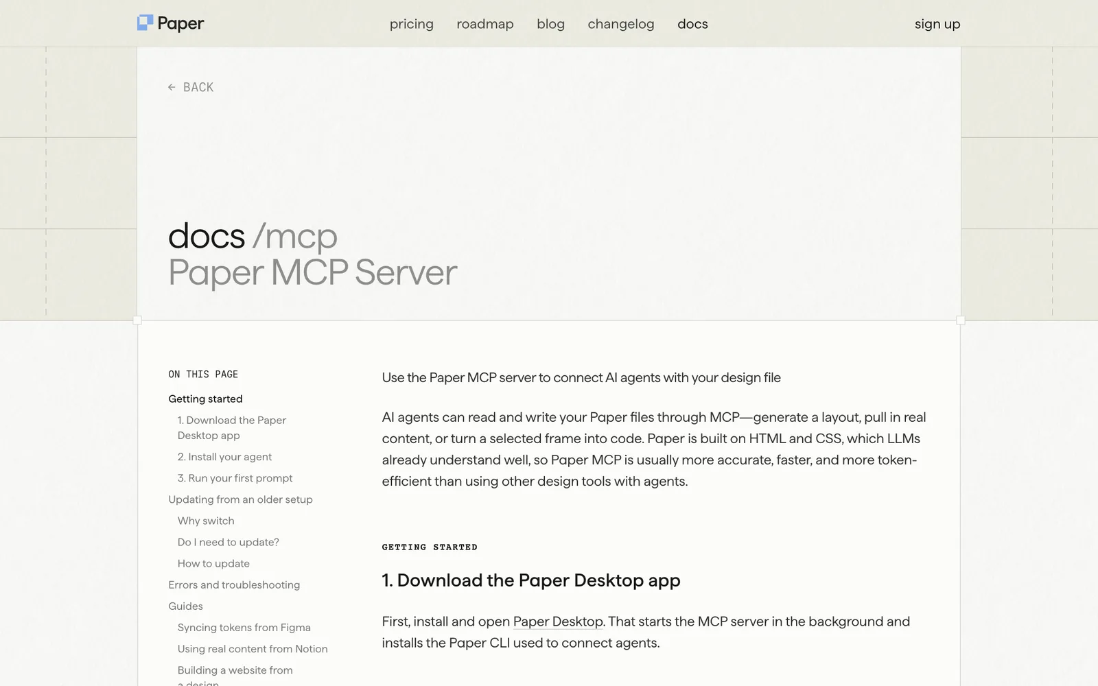 Paper MCP server docs page describing how AI agents read and write Paper design files