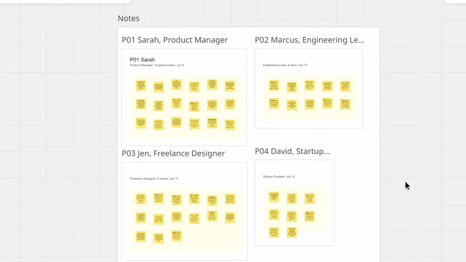 Miro board of raw sticky notes from five user interviews, one frame per participant, before running a Flow