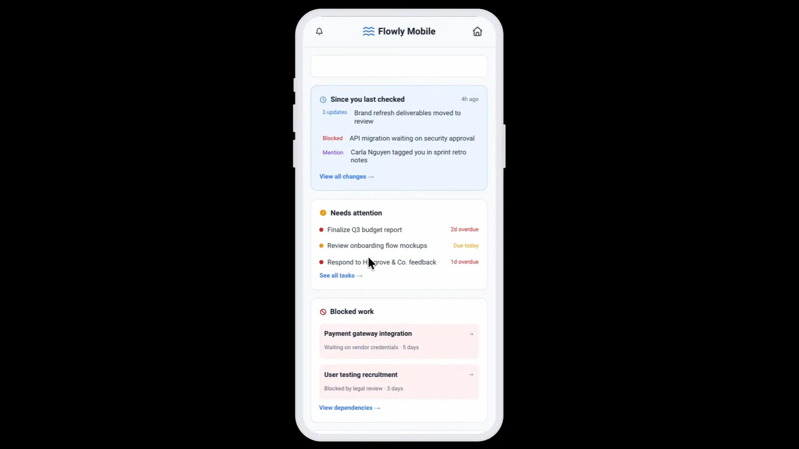 Interactive Miro prototype of a mobile project management app screen being clicked through