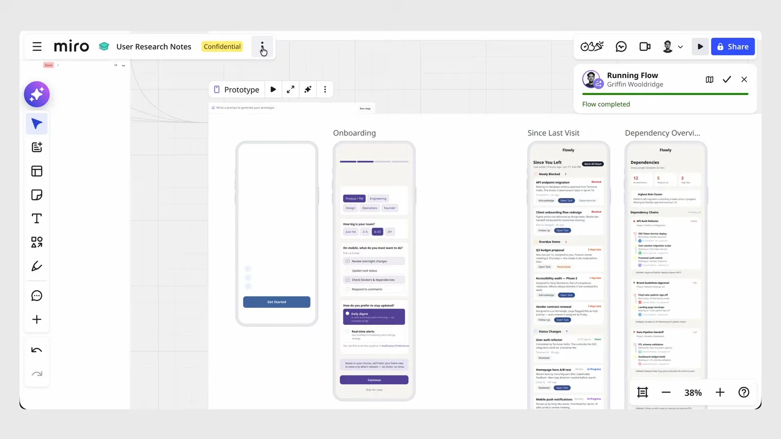 Miro Prototypes flow completed, with generated mobile app screens laid out on the research board