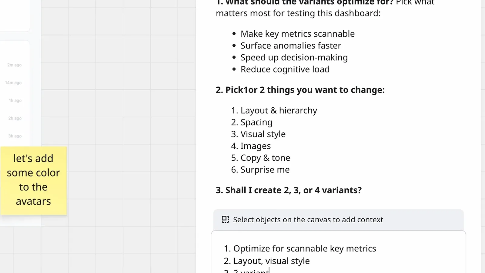 Miro Sidekick asking clarifying questions about goals, changes and variant count before generating dashboard variants