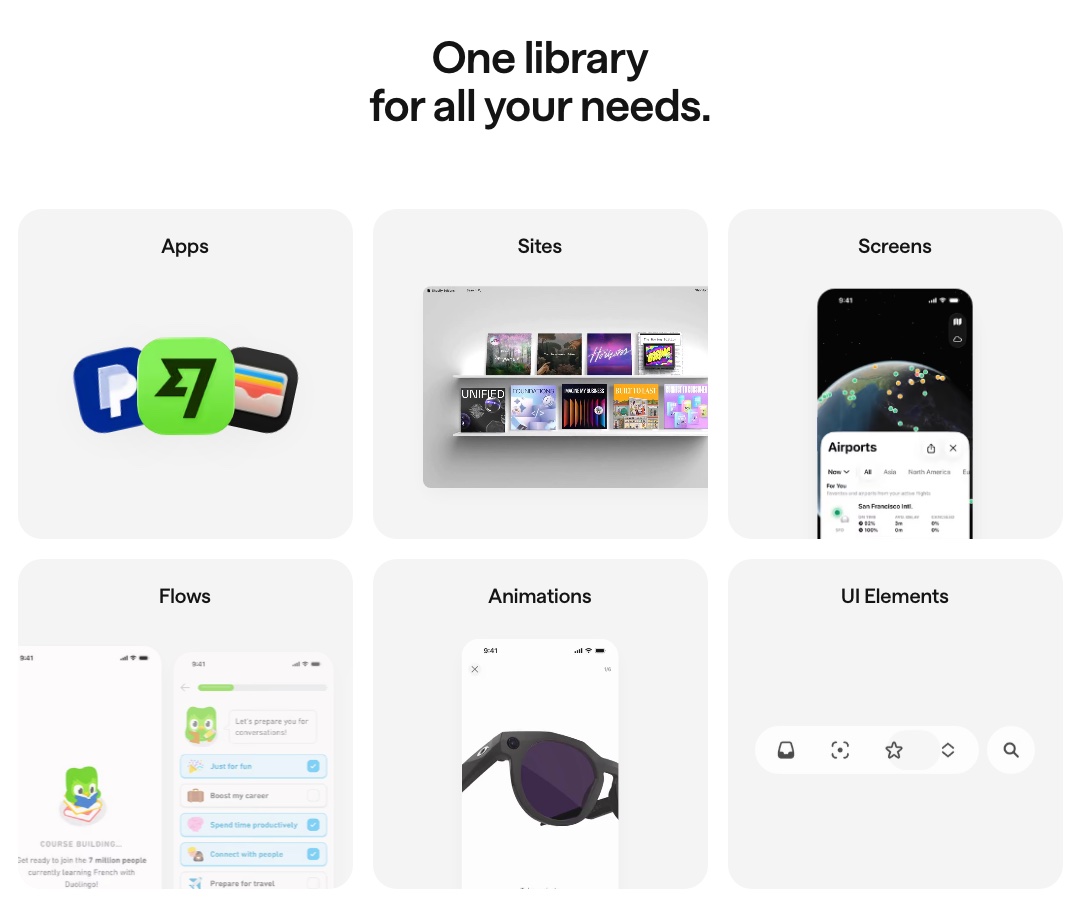 Mobbin's library categories: apps, sites, screens, flows, animations and UI elements