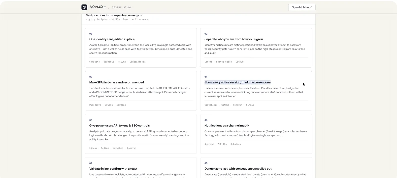 Claude Code report built with the Mobbin MCP listing eight profile page best practices distilled from 32 real screens