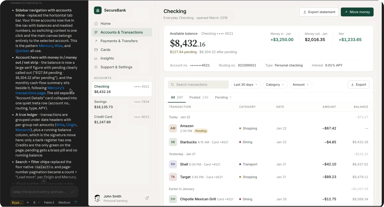 SecureBank checking page redesigned by Claude Code using Mobbin MCP references from Mercury, Wise and Quicken