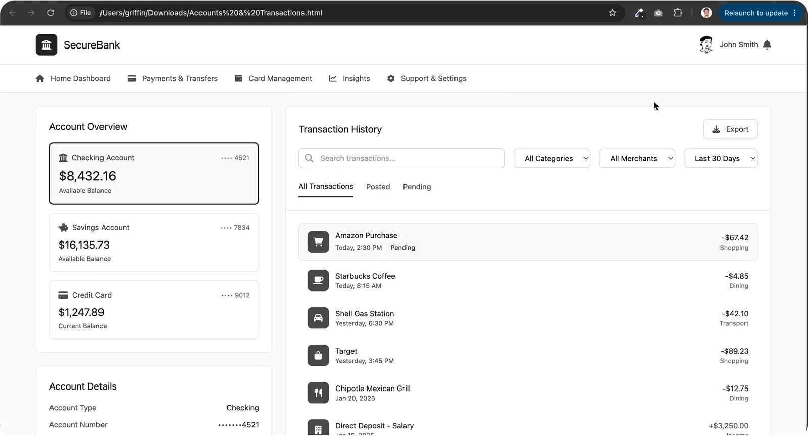 Generic SecureBank accounts and transactions page before the Mobbin MCP redesign in Claude Code