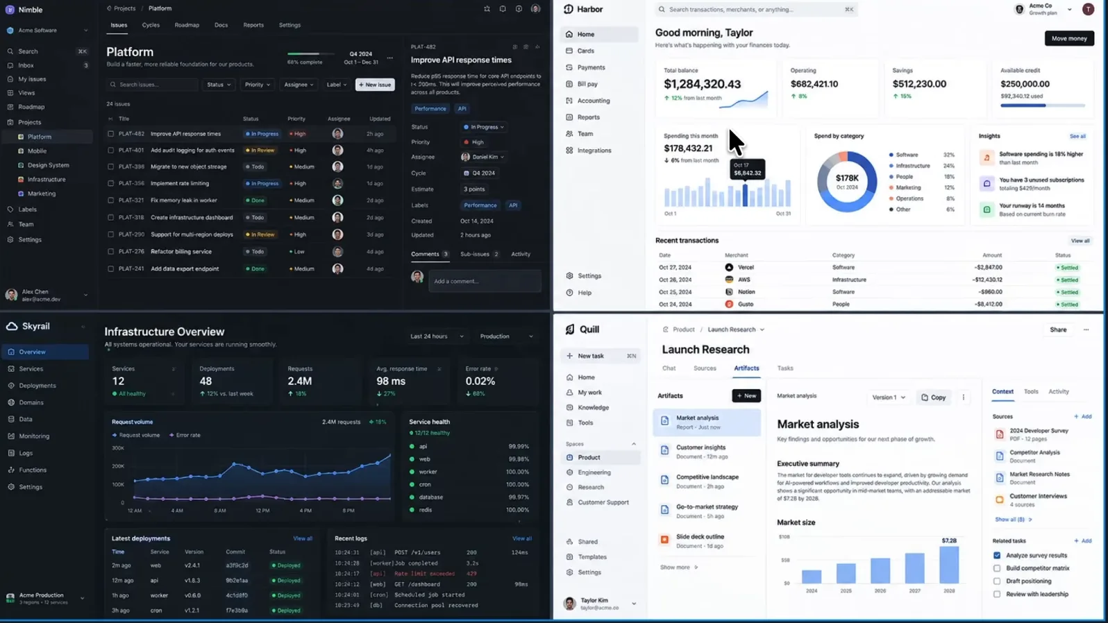 Four dashboard UI mockups generated with Images 2.5: issue tracker, finance app, infrastructure overview and research workspace