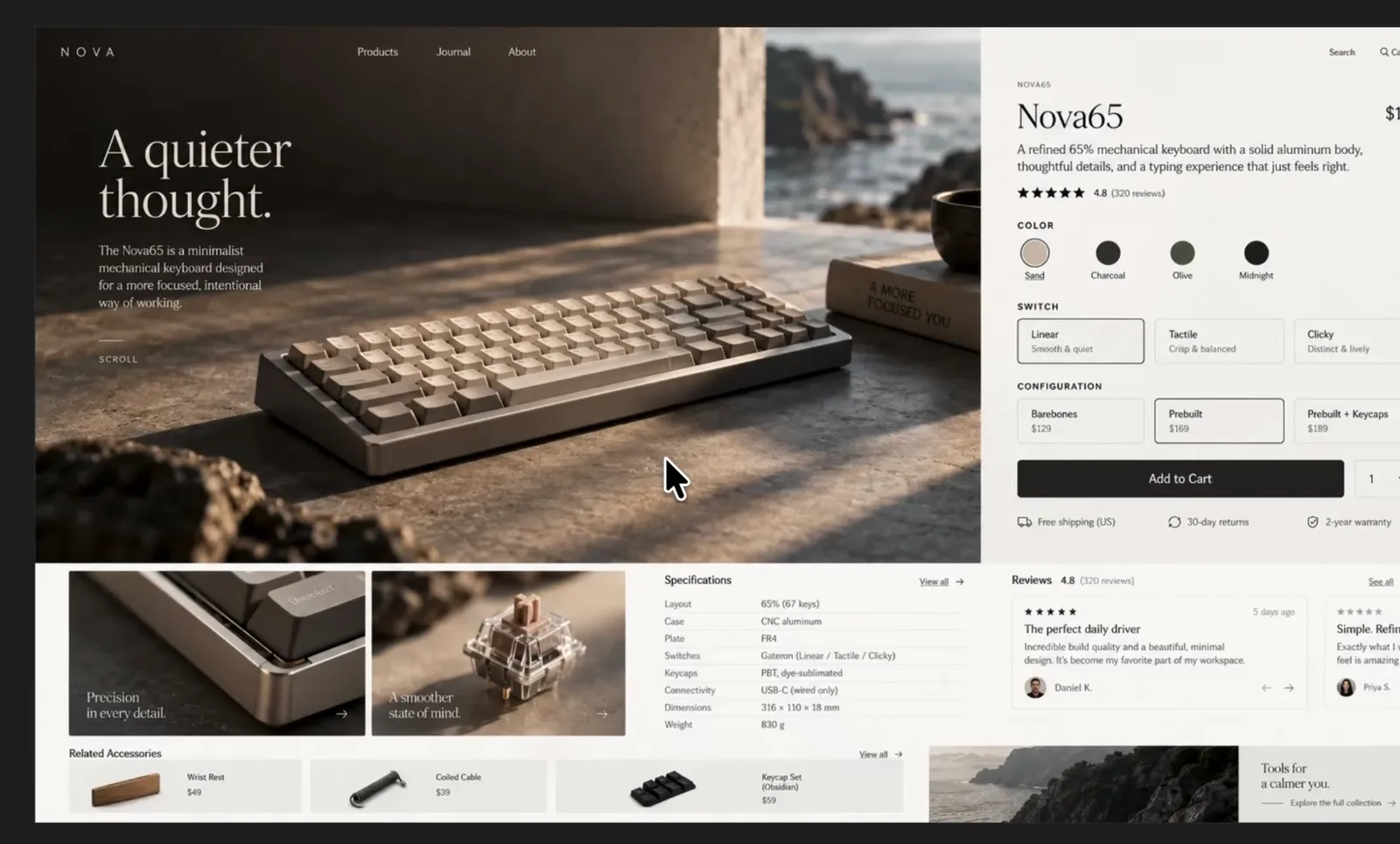 Images 2.5 generated product page mockup for a Nova65 keyboard with specifications and reviews placed side by side at the bottom