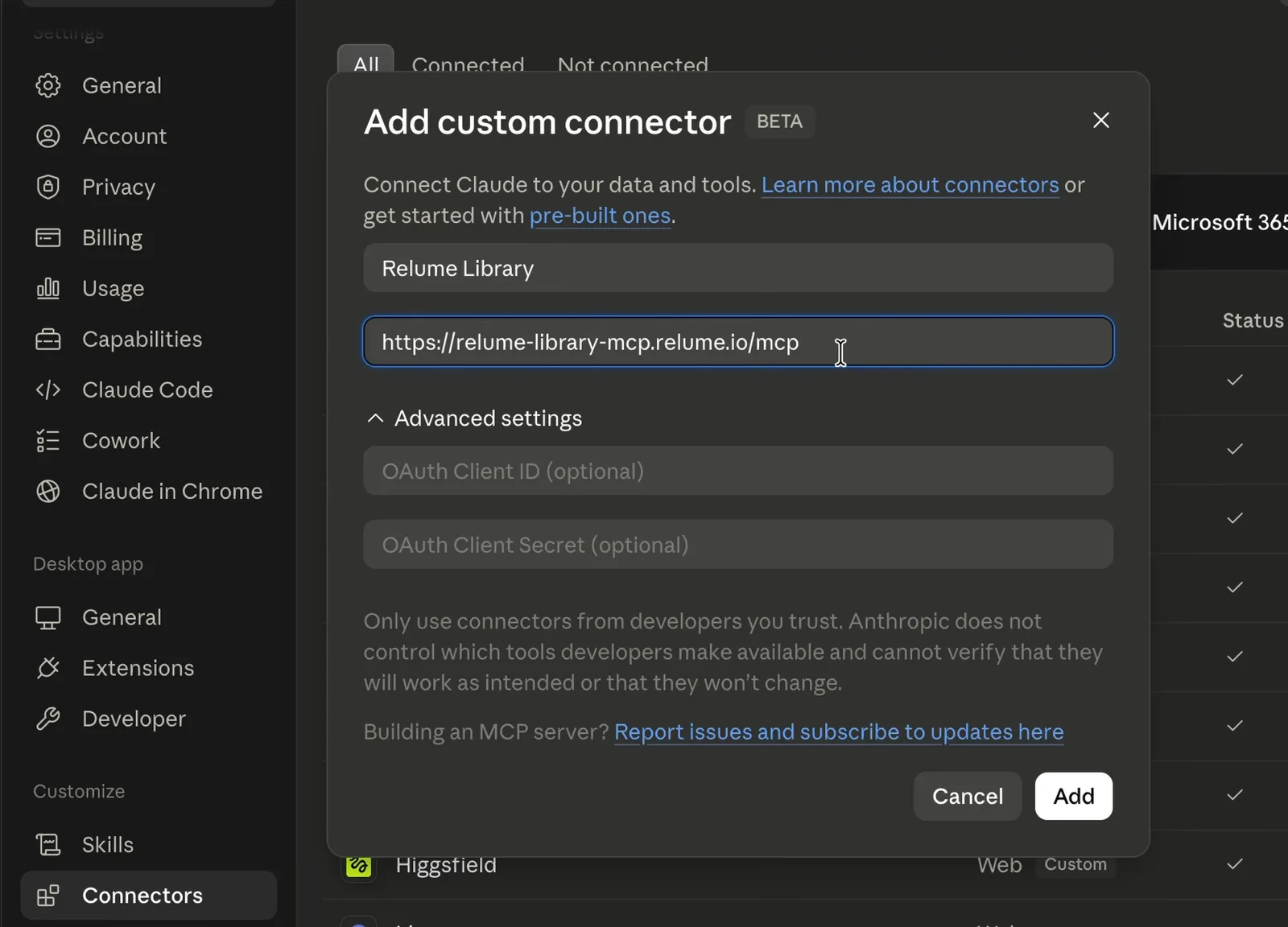 Claude Add custom connector dialog with the name Relume Library and the Relume Library MCP server URL filled in