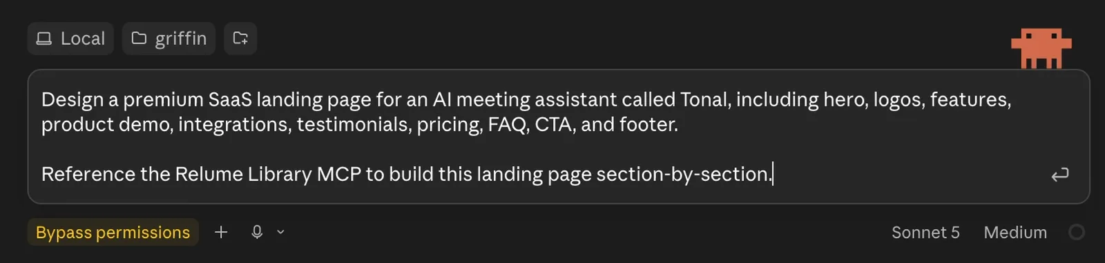 Claude Code prompt listing landing page sections for Tonal and asking it to use the Relume Library MCP section by section
