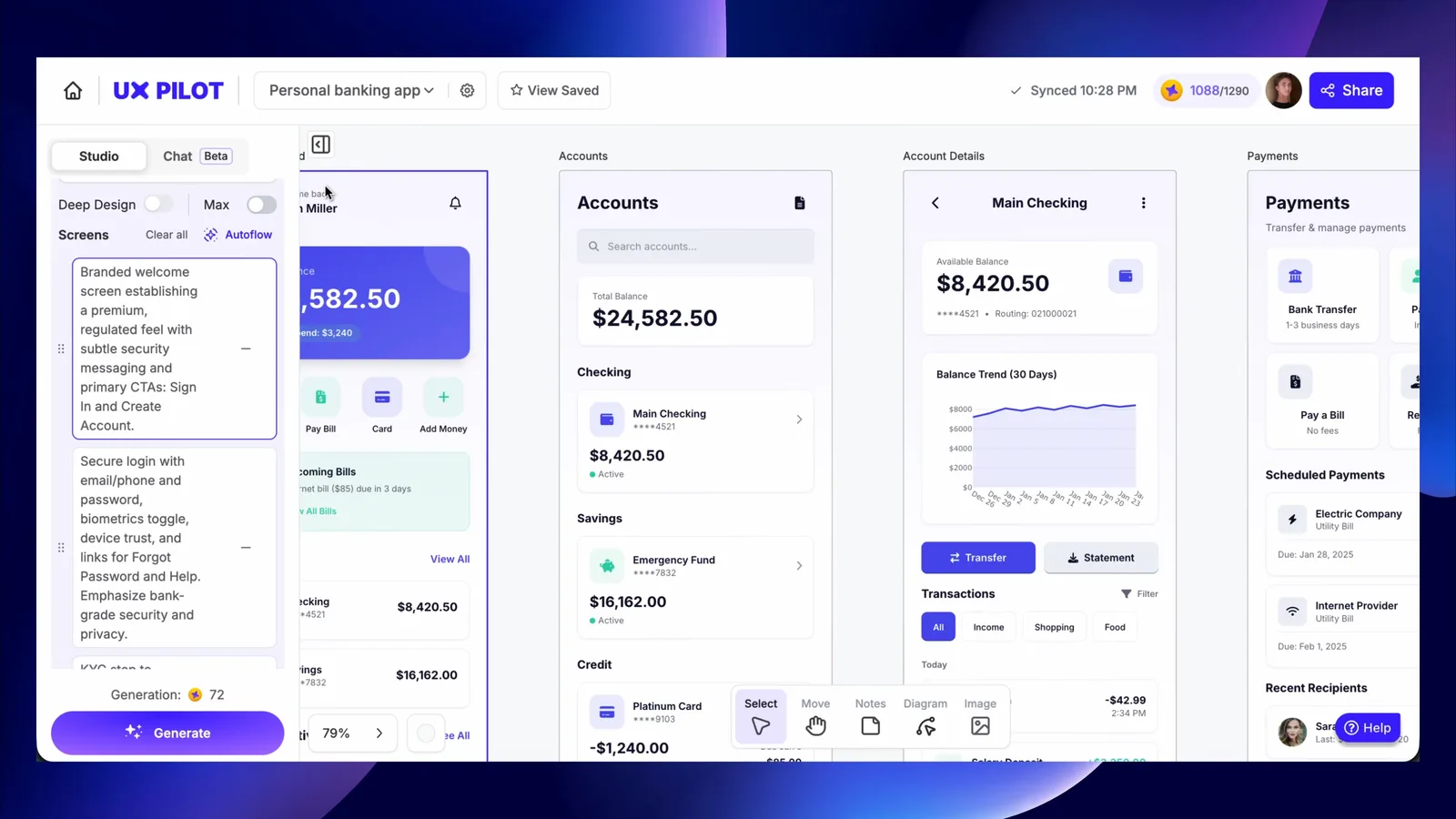 UX Pilot generating a multi-screen personal banking app flow, with Autoflow's per-screen prompts listed in the left panel