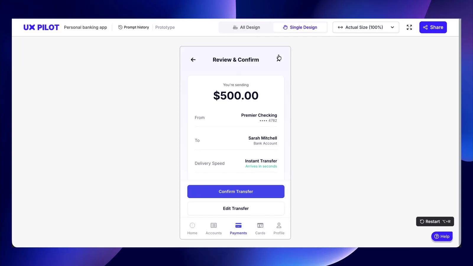 UX Pilot clickable prototype of a banking app transfer Review and Confirm screen in prototype mode