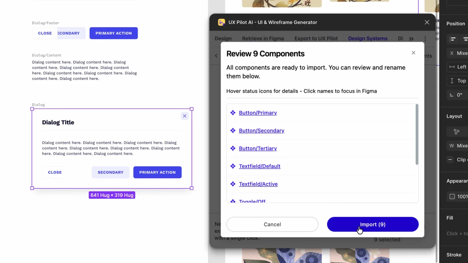 UX Pilot Figma plugin Design Systems tab reviewing nine buttons, text fields and toggles before importing them