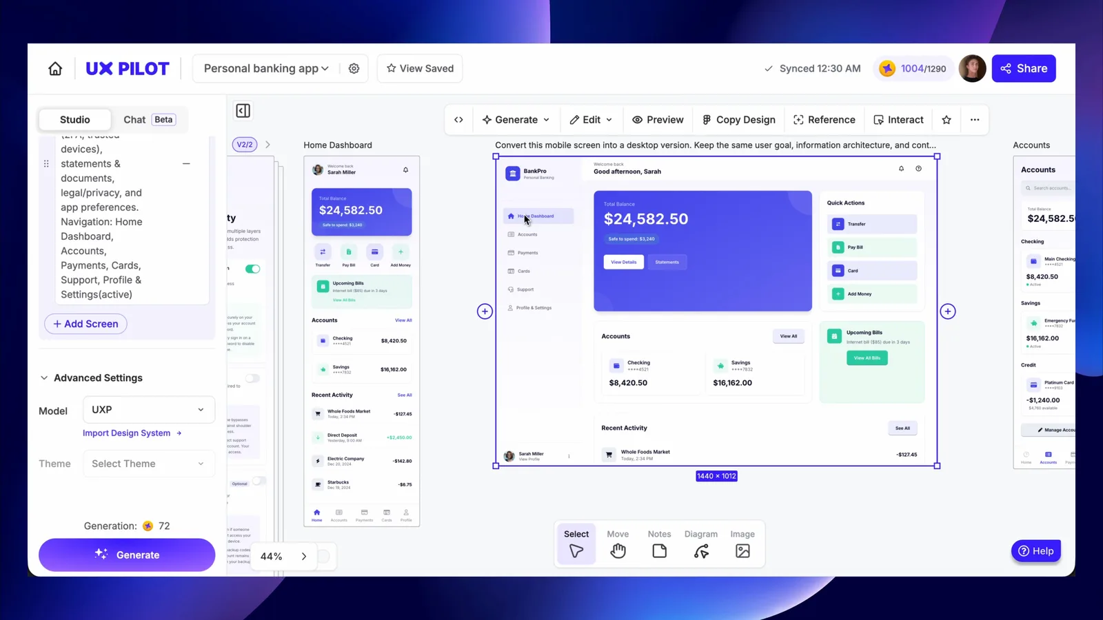 UX Pilot generated desktop version of the banking home dashboard next to the original mobile screen