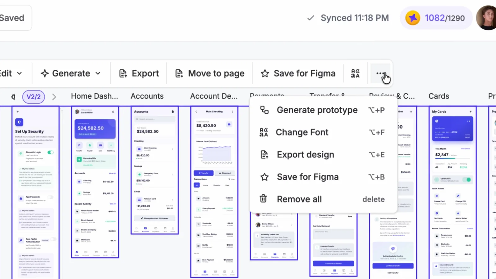 UX Pilot toolbar dropdown with Generate prototype selected after all banking app screens are selected