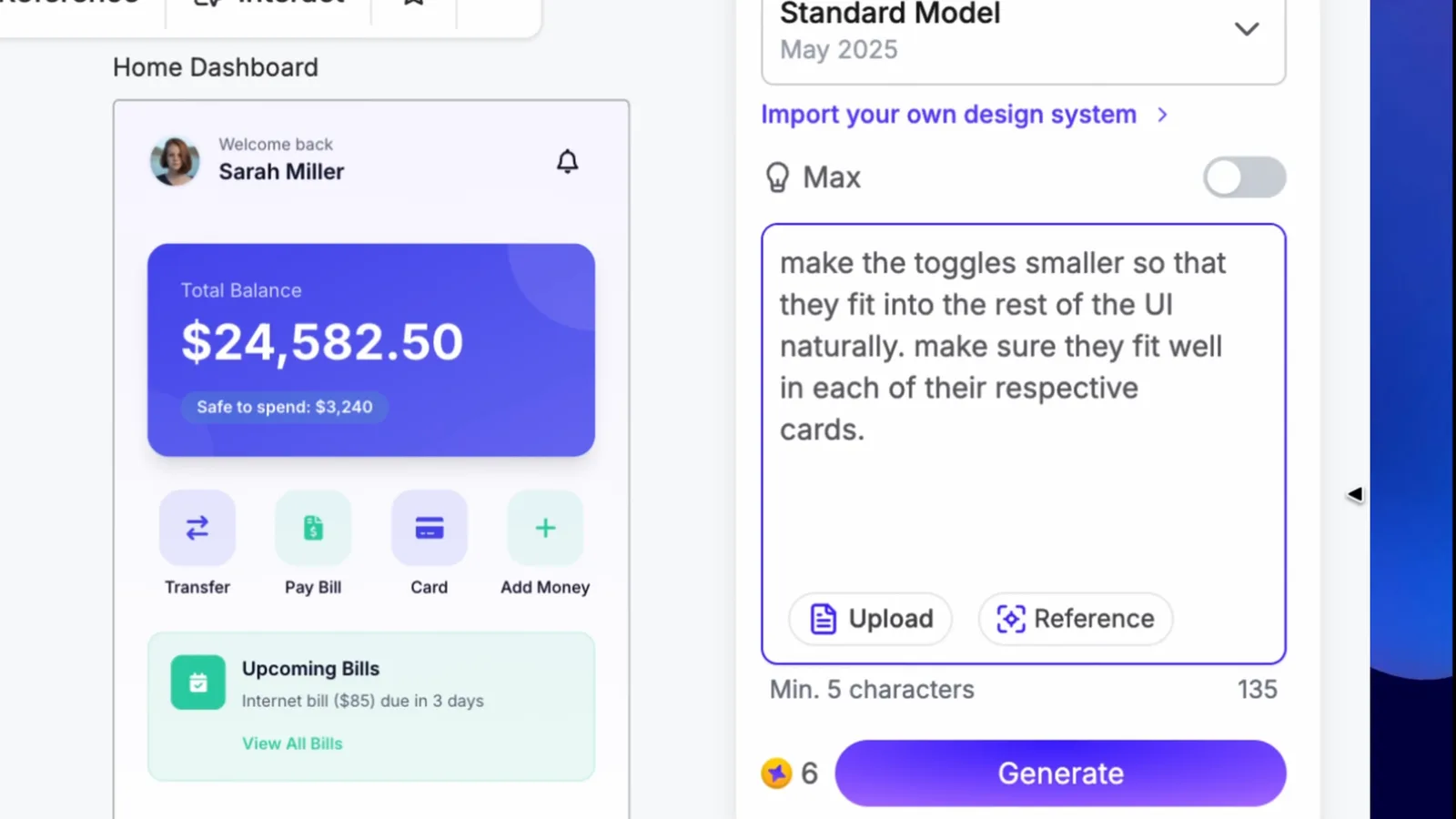 UX Pilot edit prompt asking to make the toggles smaller so they fit each card, beside a banking app screen