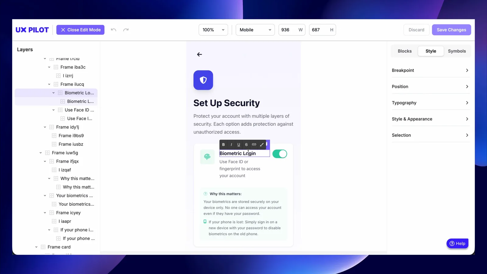 UX Pilot Manual Edit view with a layers panel, inline text editing and Style controls on a security screen