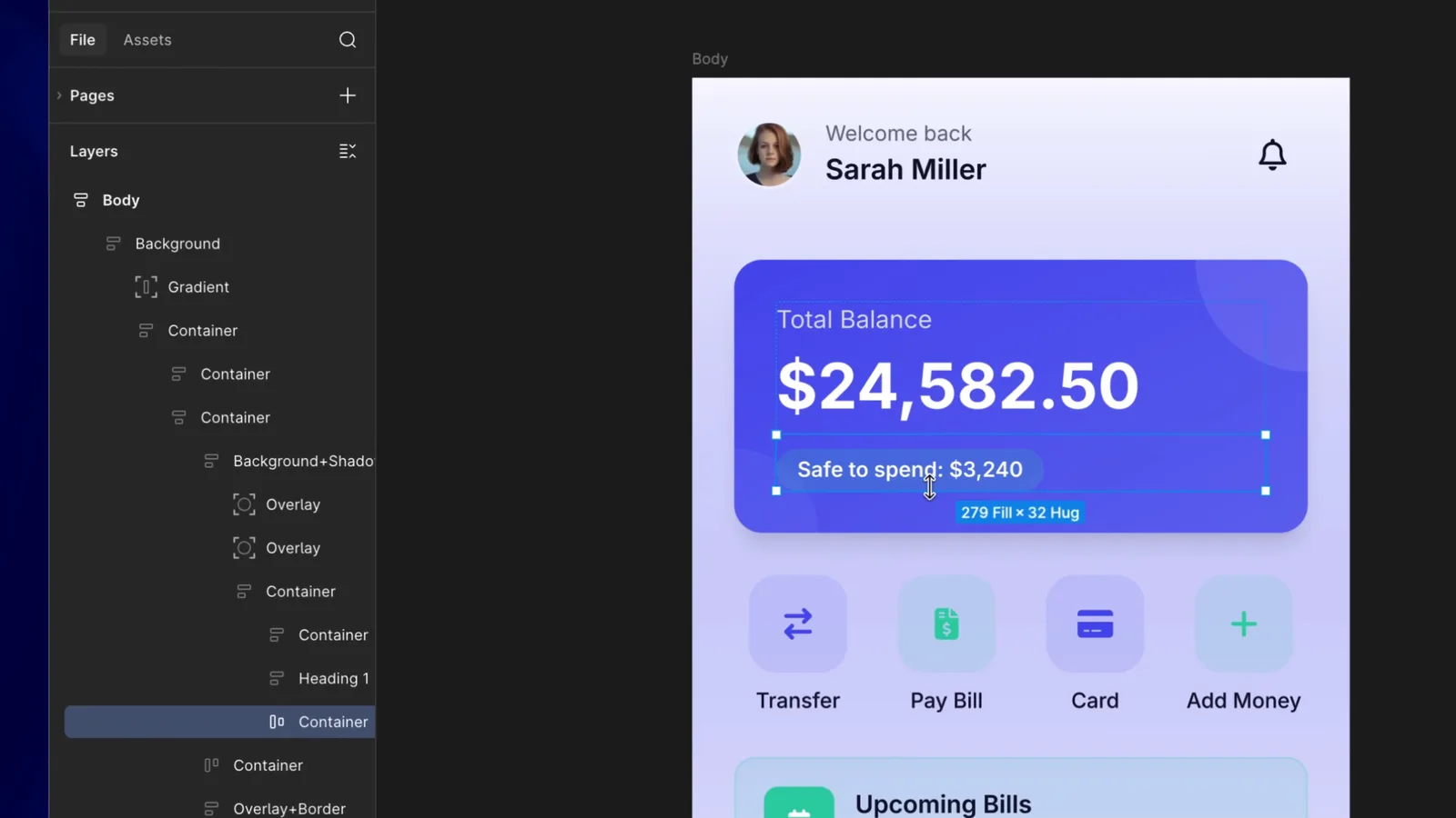 UX Pilot banking screen pasted into Figma as layered frames with auto-layout Hug and Fill sizing