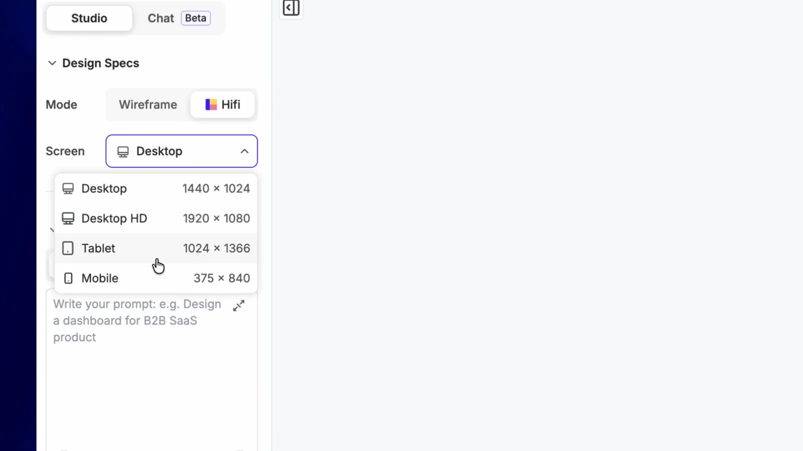 UX Pilot Studio tab with Hifi mode selected and the Screen dropdown open showing Desktop, Tablet and Mobile sizes