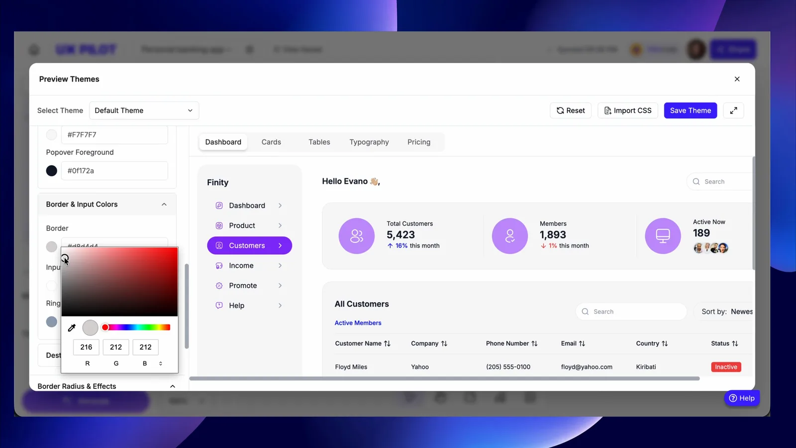 UX Pilot Theme Editor with a color picker open on border colors next to a live dashboard preview