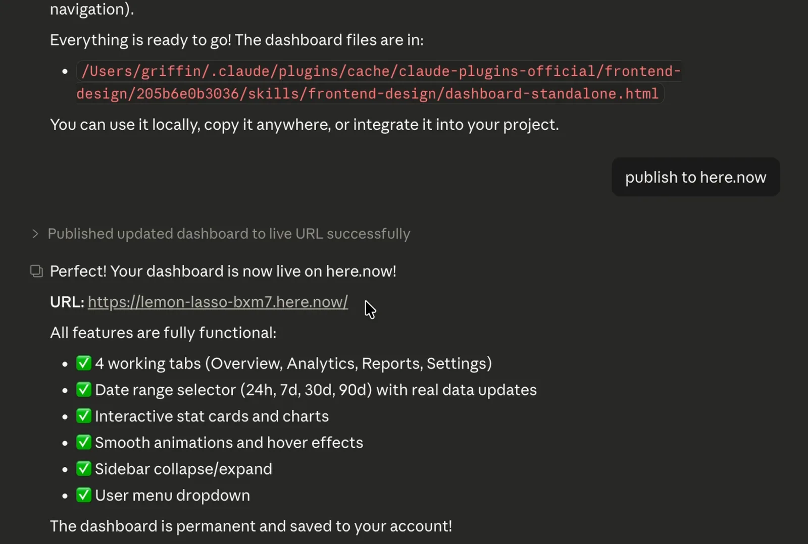 Claude Code replying that the dashboard is live on here.now with a public URL after a one-line publish prompt