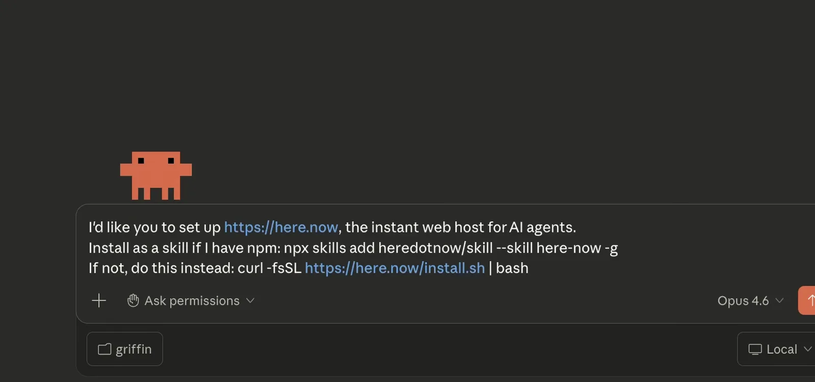 here.now setup instructions pasted into Claude Code, installing the here.now web hosting skill for the agent